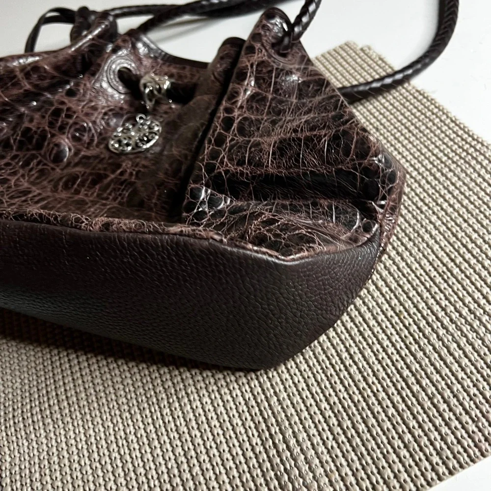 Brighton Croc Embossed Brown Leather Shoulder Bag Braided Strap Heart Charm